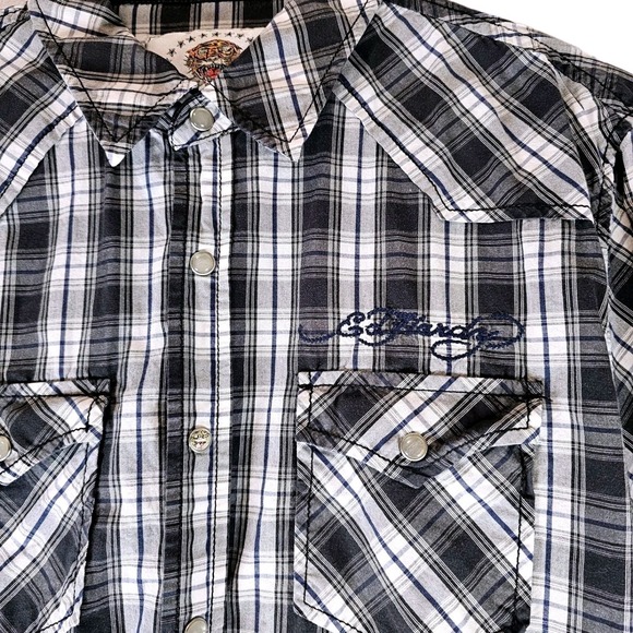 Ed Hardy Plaid Western Shirt Long Sleeve Mens Embroidered Snap Button L - Picture 3 of 16